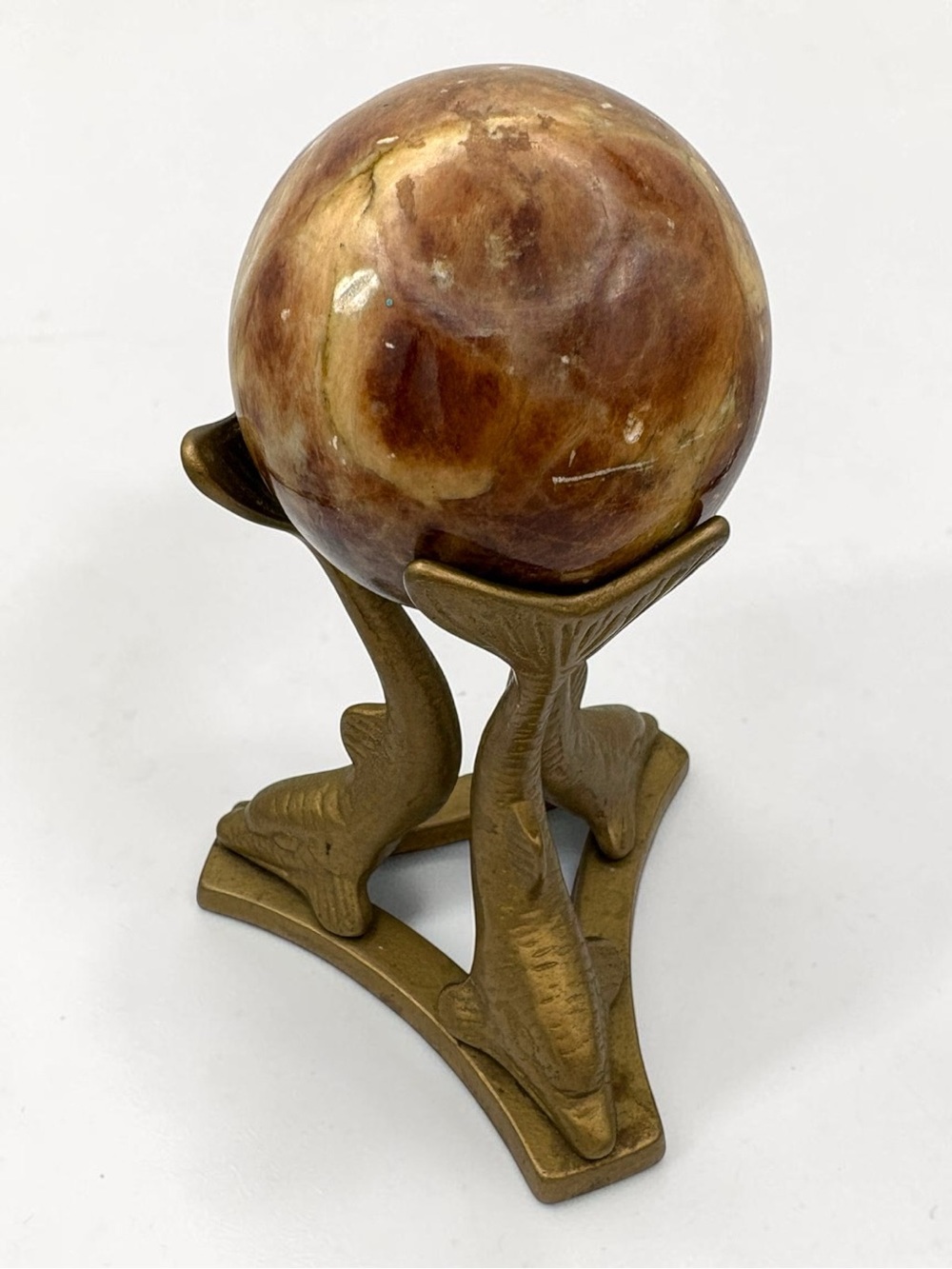 Vintage Lobeco Marble Sphere & 5” Brass Dolphin Orb Holder Hollywood Regency MCM
